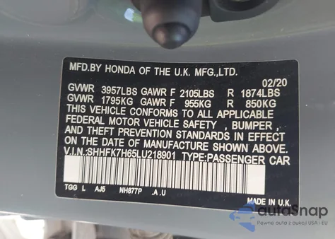 2020 Honda Civic Ex from USA, damaged, VIN SHHFK7H65LU218901